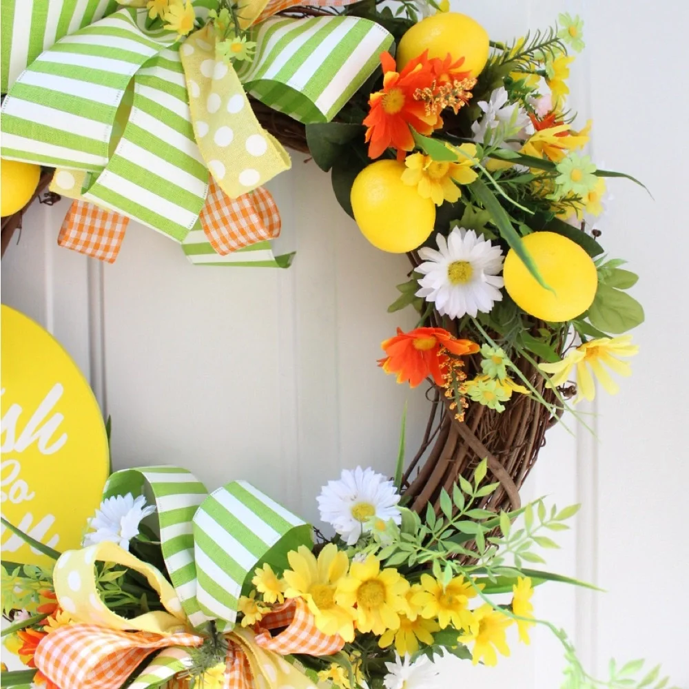 Summer Lemon Grapevine Welcome Wreath for Front Door, Citrus Decor for Home - Picture 10 of 12